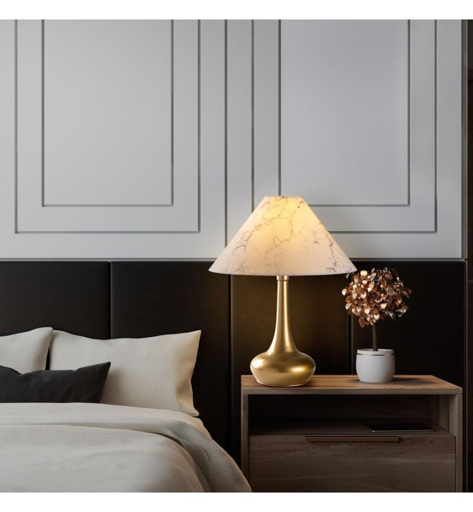 Lampe de table, dorée, corps en métal, capuchon en tissu