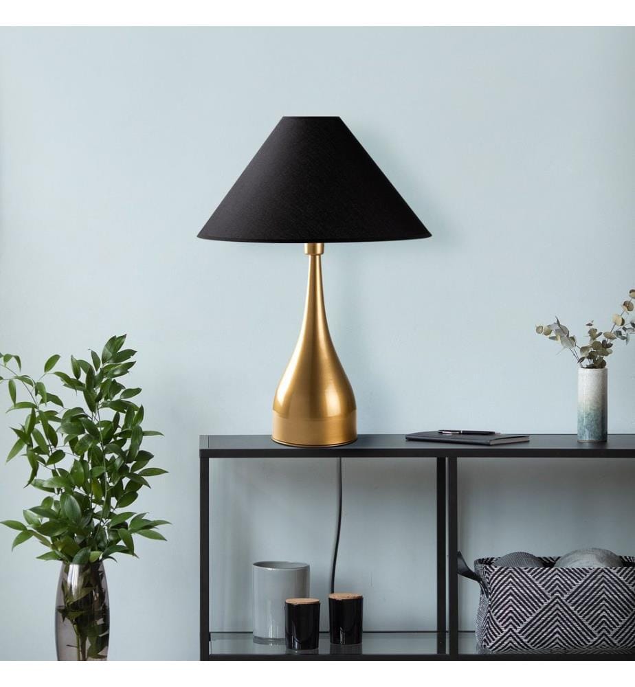 Lampe de table, dorée, corps en métal, capuchon en tissu