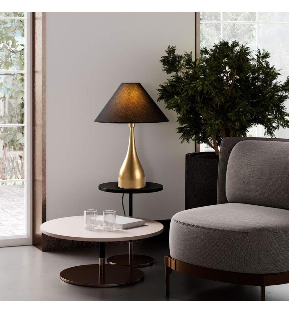 Lampe de table, dorée, corps en métal, capuchon en tissu