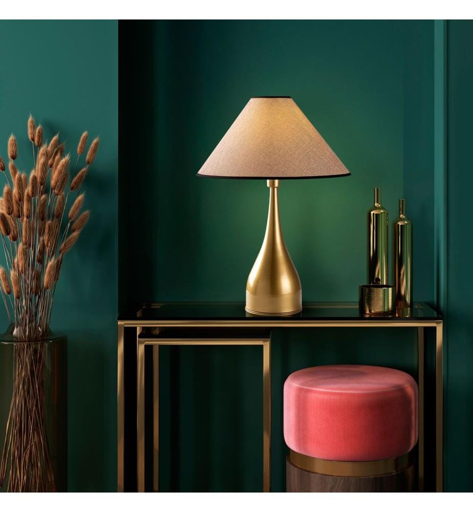 Lampe de table, dorée, corps en métal, capuchon en tissu