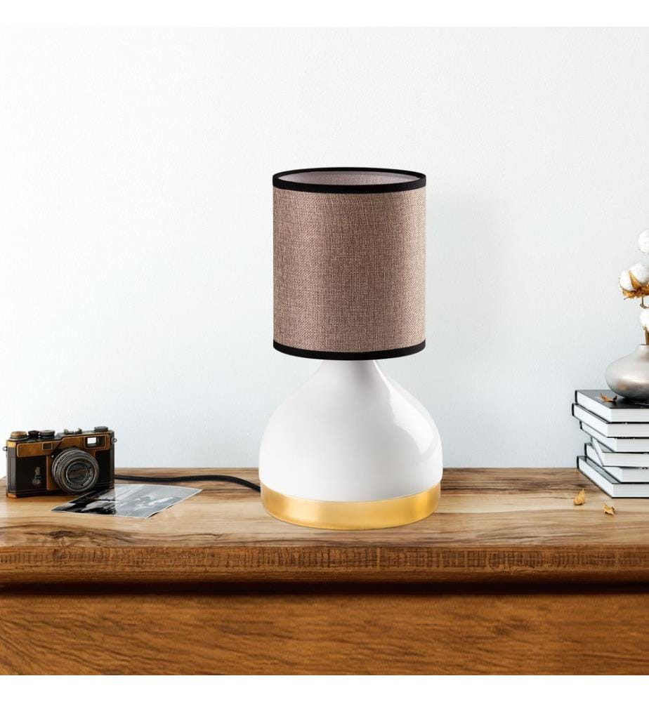 Lampe de table, blanche, corps en métal, capuchon en tissu