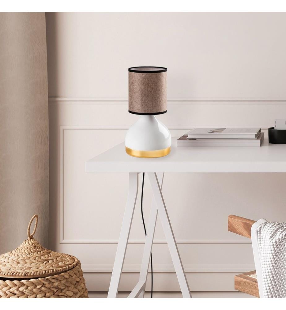 Lampe de table, blanche, corps en métal, capuchon en tissu