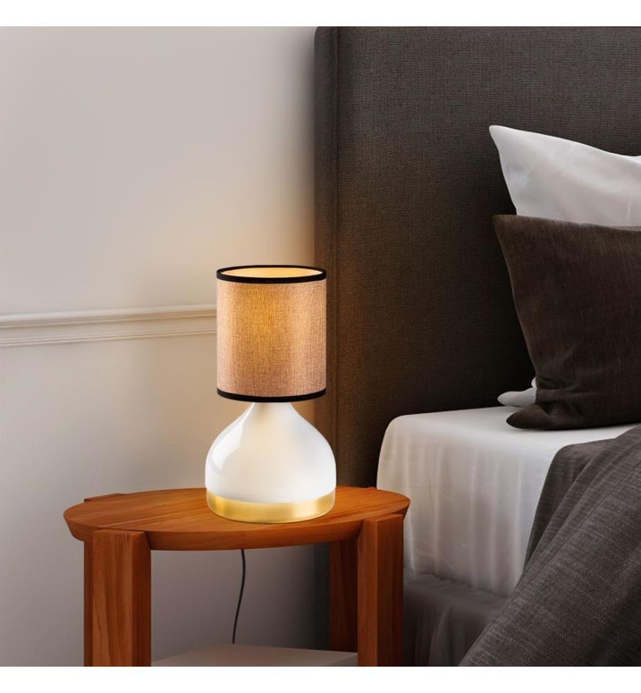 Lampe de table, blanche, corps en métal, capuchon en tissu