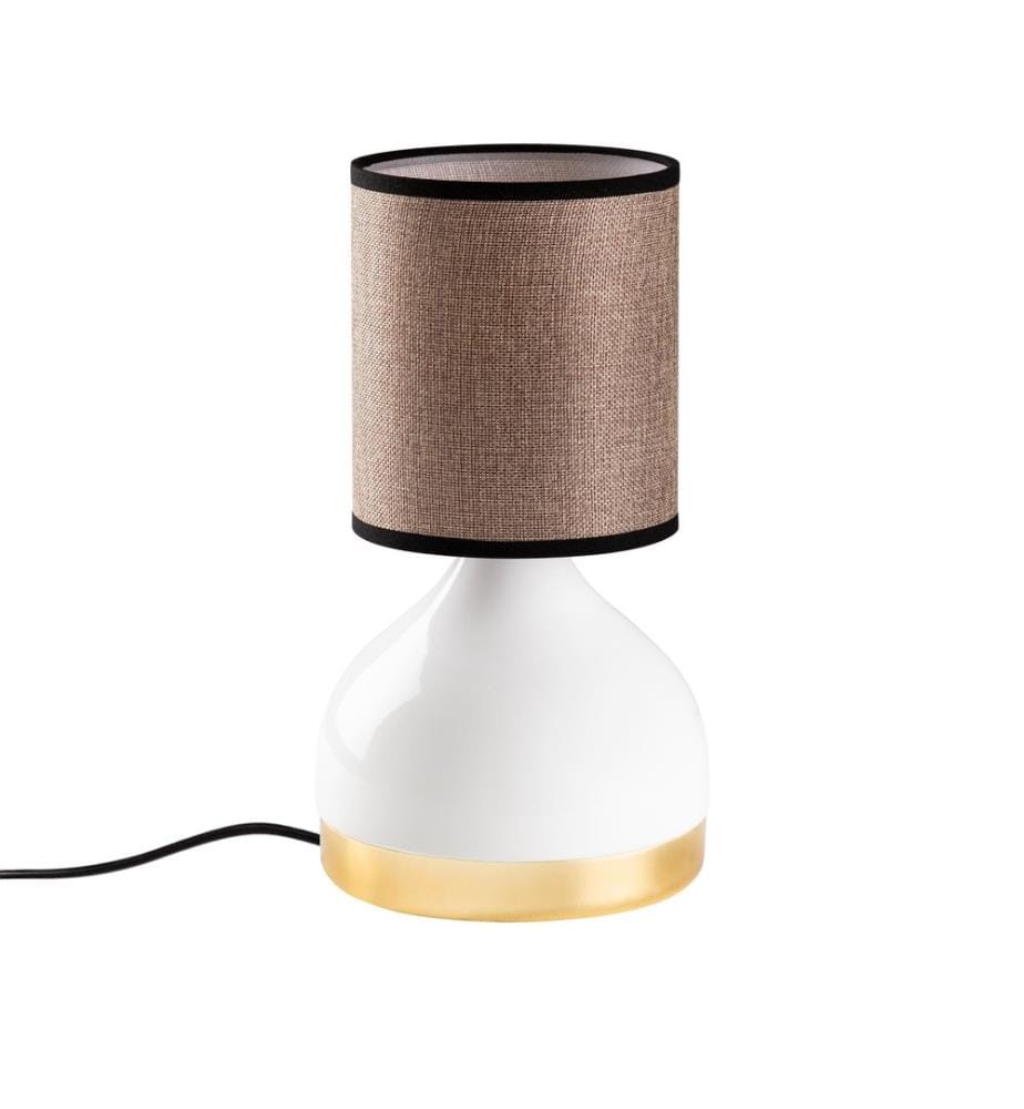 Lampe de table, blanche, corps en métal, capuchon en tissu