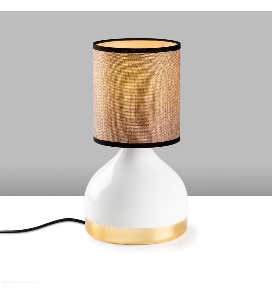Lampe de table, blanche, corps en métal, capuchon en tissu