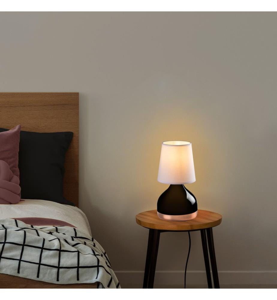 Tischlampe, schwarz, Metallkörper, Stoffkappe
