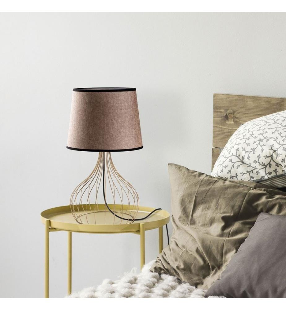 Lampe de table, dorée, corps en métal, capuchon en tissu