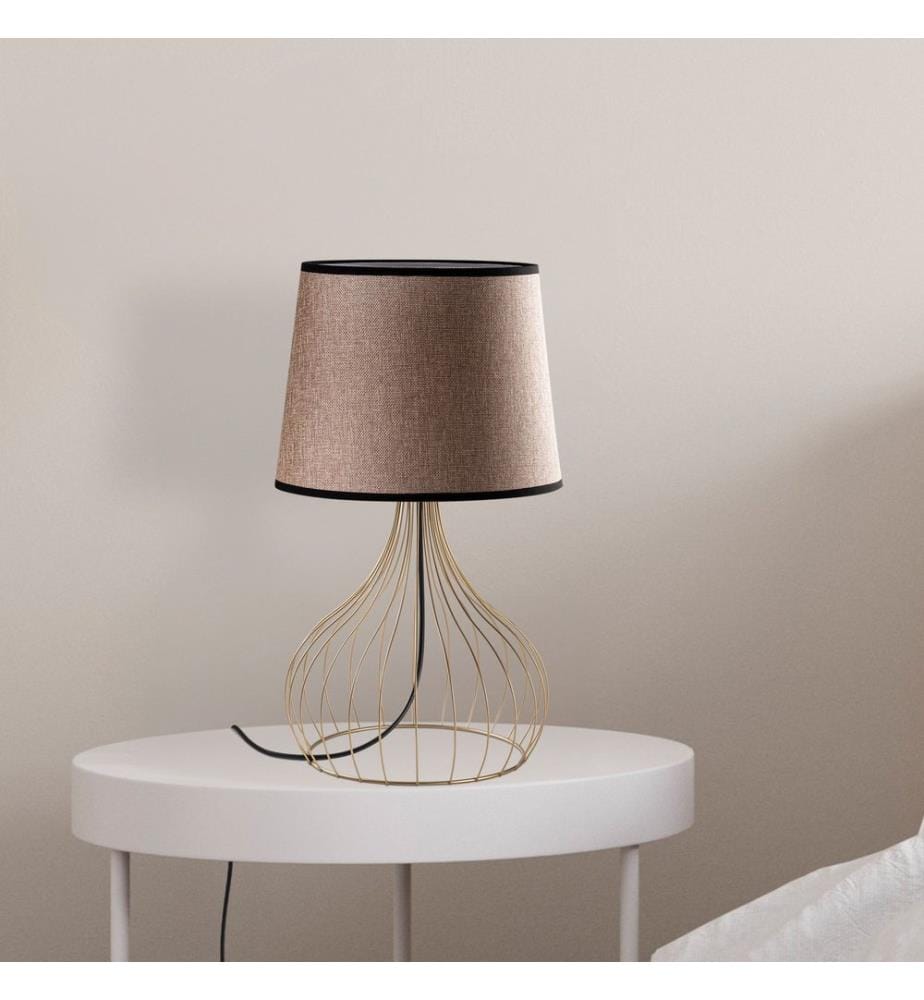 Lampe de table, dorée, corps en métal, capuchon en tissu