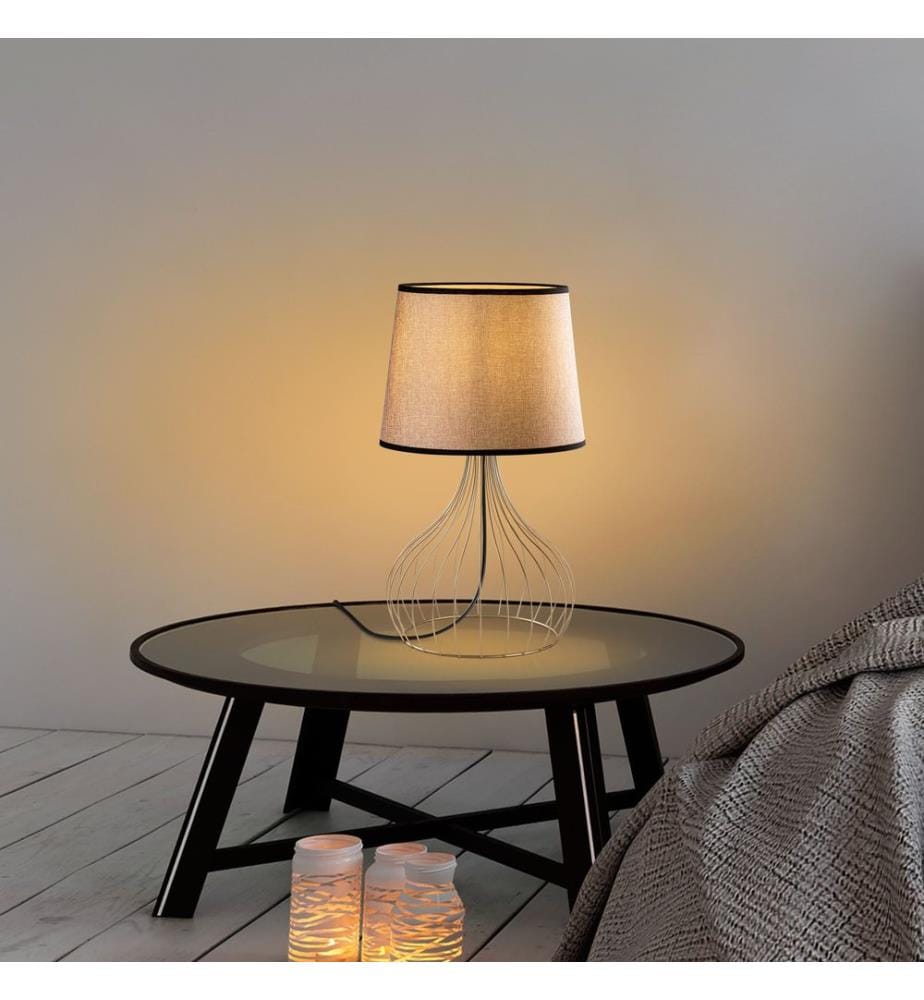 Lampe de table, dorée, corps en métal, capuchon en tissu