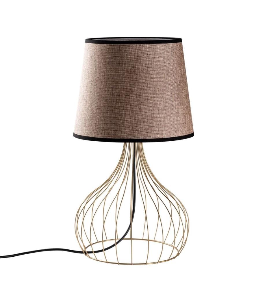 Lampe de table, dorée, corps en métal, capuchon en tissu