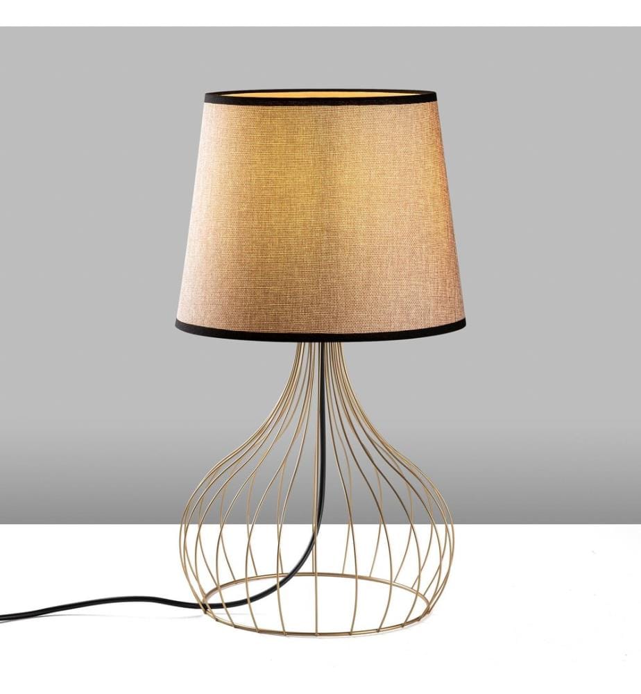 Lampe de table, dorée, corps en métal, capuchon en tissu