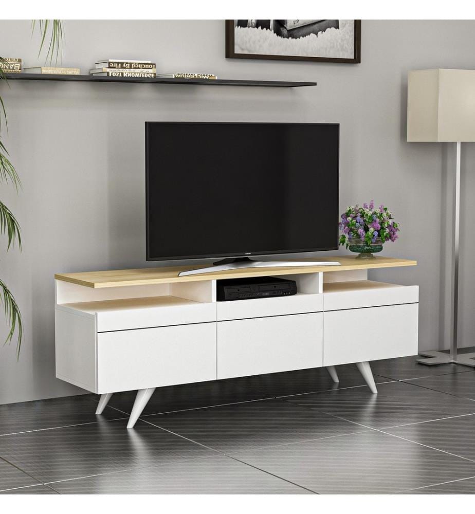 Chêne, Blanc, Armoires Tv, 52X150X35 cm, Plaque De Particules Enrobée De Mélamine