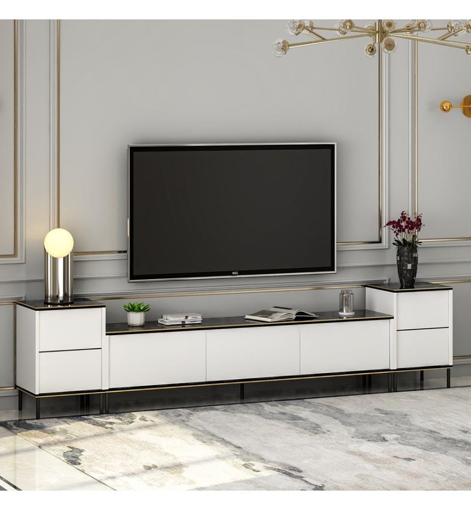 TV-Element, Weiss, Schwarz, Gold, Spanplatte mit Melaminharzbeschichtung