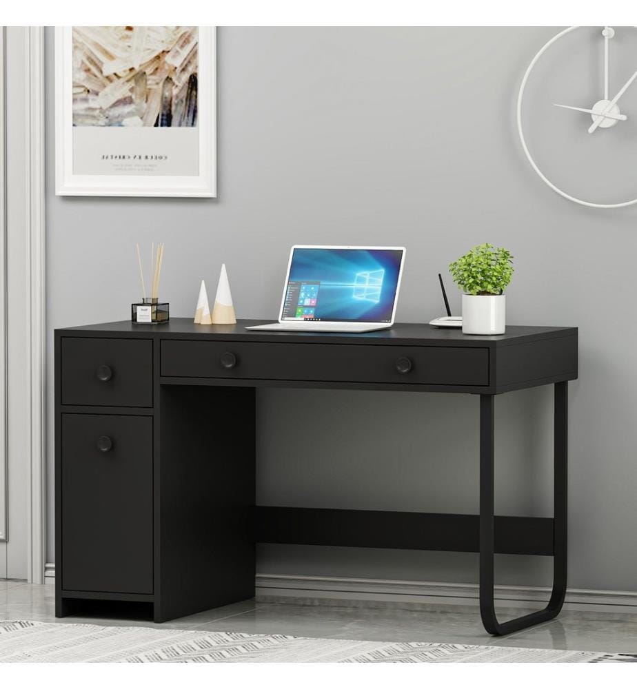 Bureau, noir, PANNEAU DE PARTICULES 100 % MÉLAMINÉ, pieds en métal