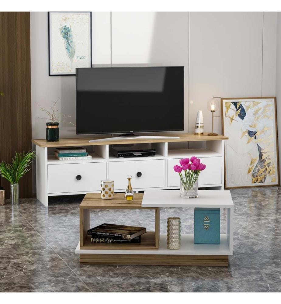 Weiss,Eiche, Wohnzimmer, 47X150X36 cm, Melaminbeschichtete Partikelplatte