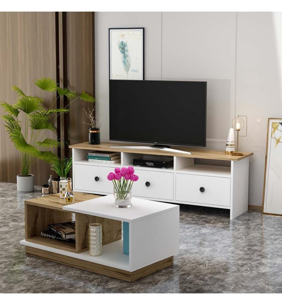 Weiss,Eiche, Wohnzimmer, 47X150X36 cm, Melaminbeschichtete Partikelplatte