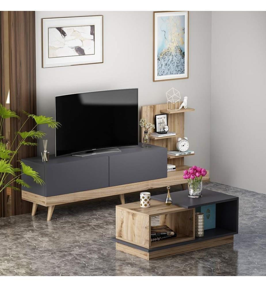 Wohnzimmer-Möbel-Set, Anthrazit, Nussbaum, Melaminharzbeschichtete Spanplatte