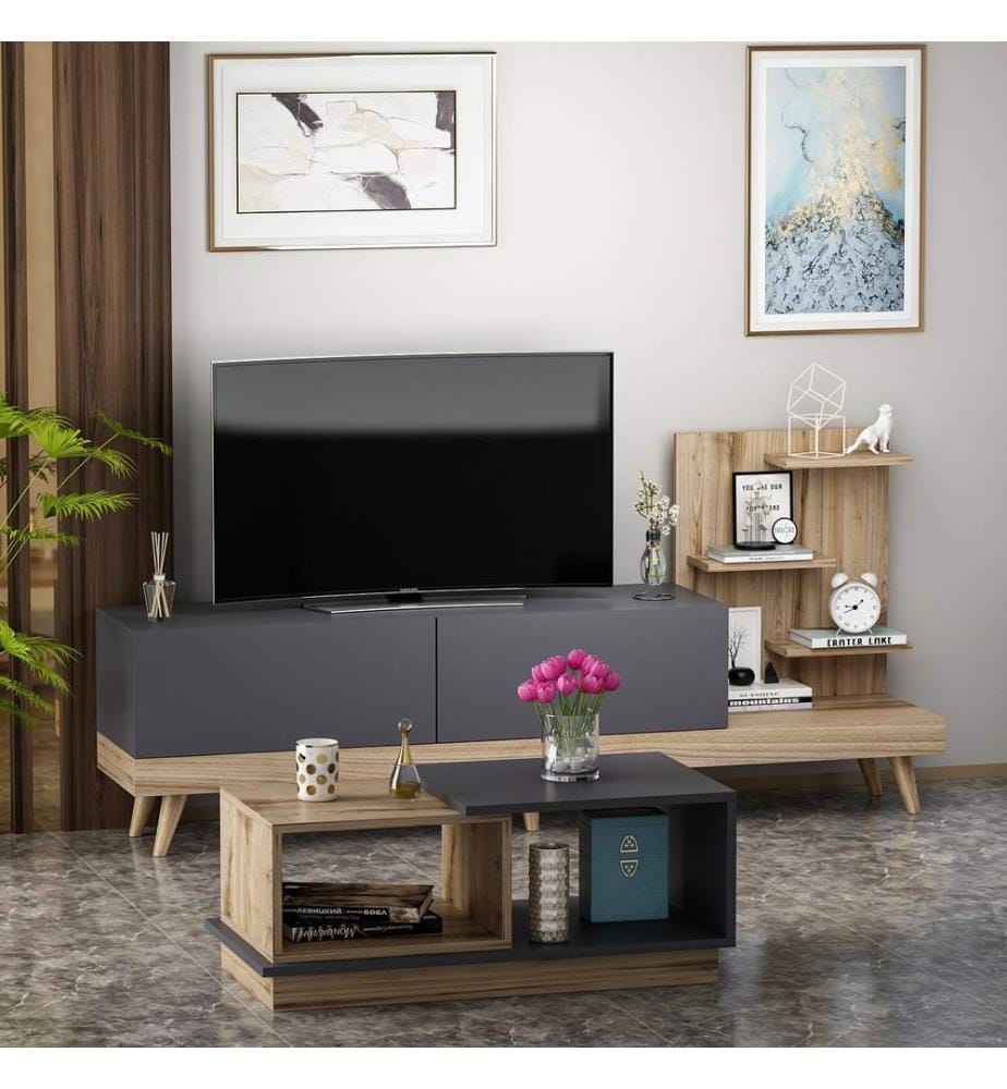 Wohnzimmer-Möbel-Set, Anthrazit, Nussbaum, Melaminharzbeschichtete Spanplatte