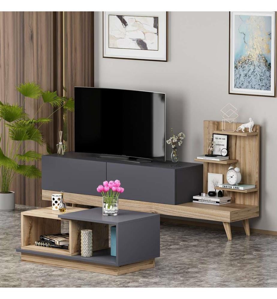 Wohnzimmer-Möbel-Set, Anthrazit, Nussbaum, Melaminharzbeschichtete Spanplatte