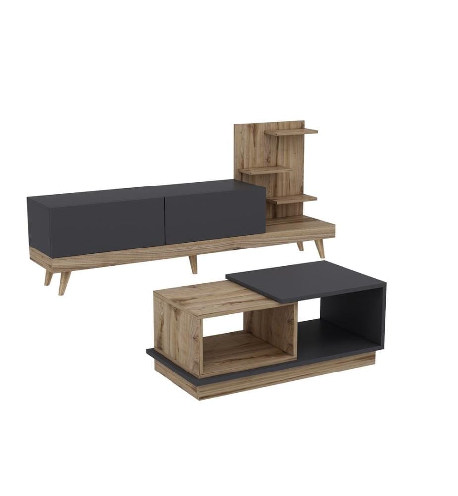 Wohnzimmer-Möbel-Set, Anthrazit, Nussbaum, Melaminharzbeschichtete Spanplatte