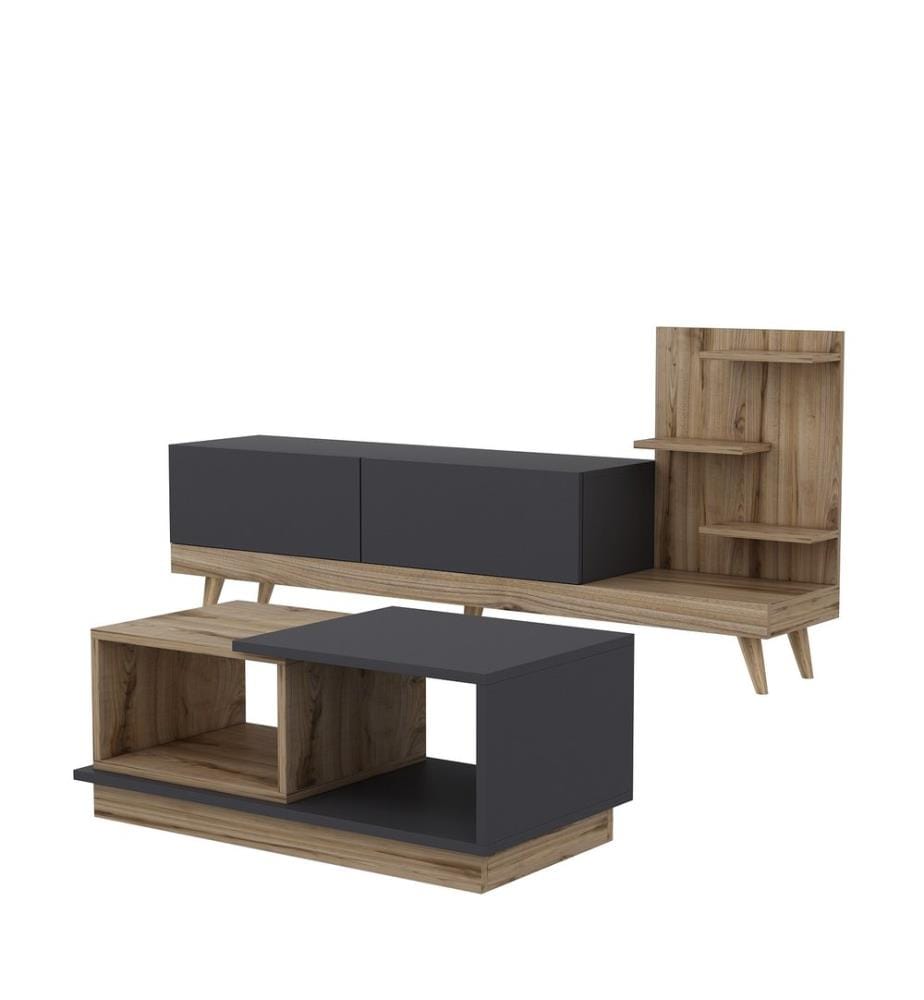 Wohnzimmer-Möbel-Set, Anthrazit, Nussbaum, Melaminharzbeschichtete Spanplatte