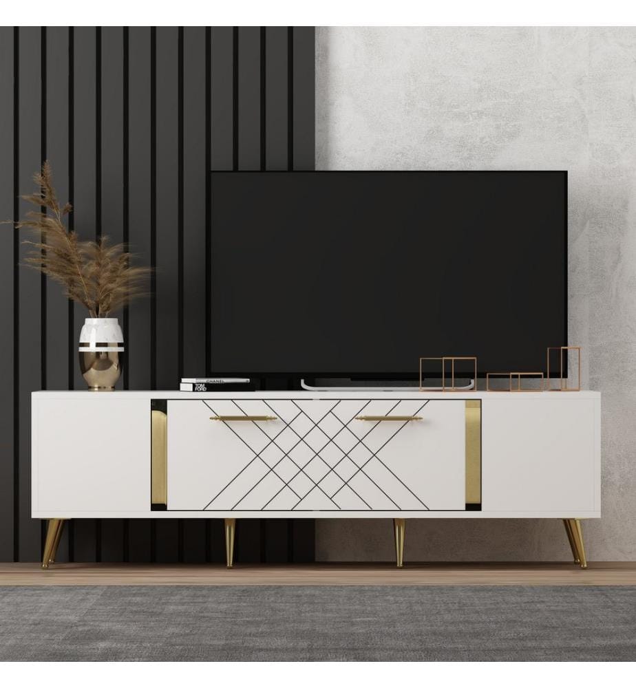 Blanc, Or, Armoires Tv, 48,2X150X35 cm, Plaque De Particules Enrobée De Mélamine