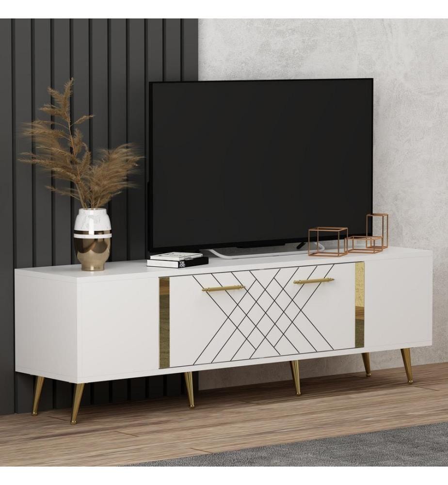 Blanc, Or, Armoires Tv, 48,2X150X35 cm, Plaque De Particules Enrobée De Mélamine