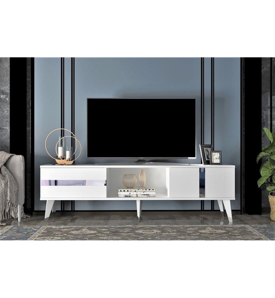 Meuble TV, Blanc, Argent, Panneau de particules mélaminé