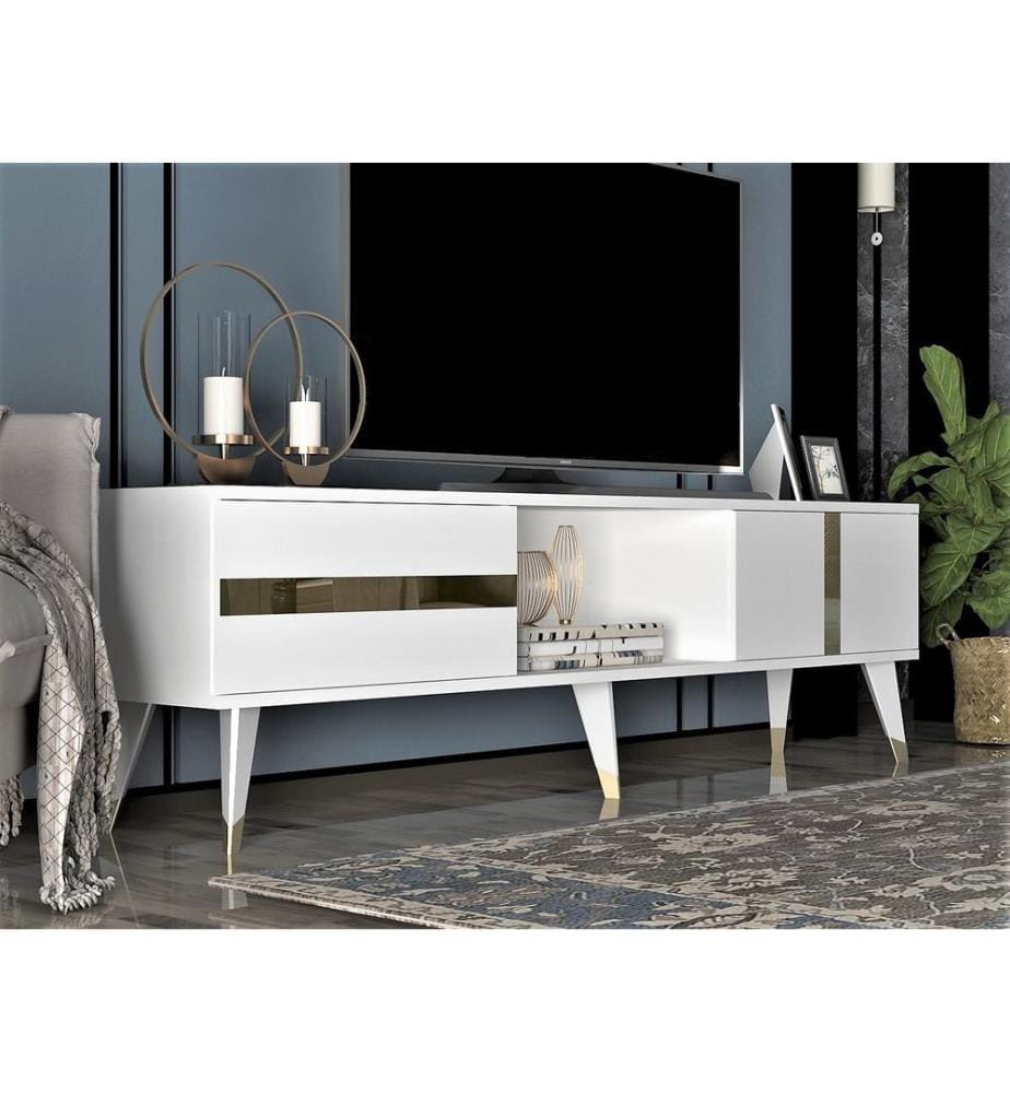 Meuble TV, Blanc, Or, Panneau de particules mélaminé