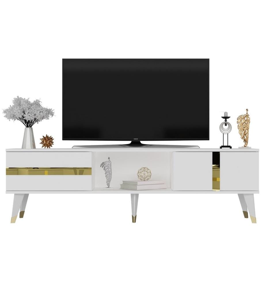 Meuble TV, Blanc, Or, Panneau de particules mélaminé