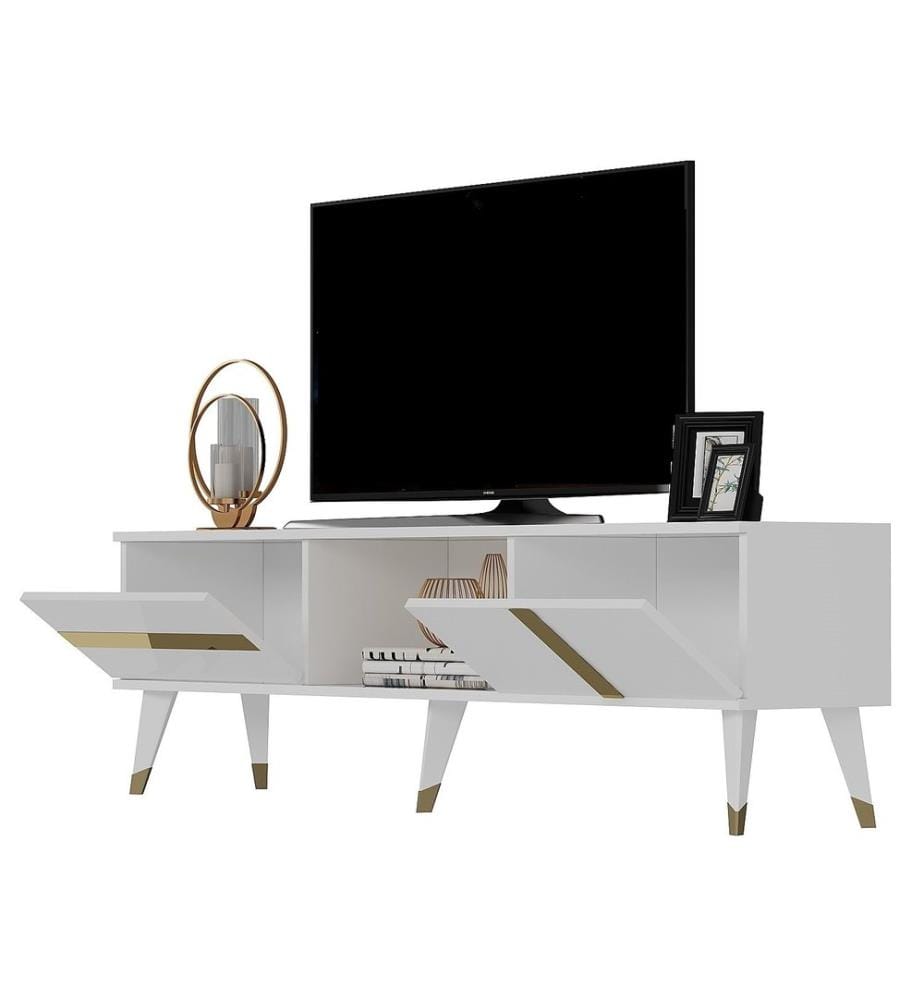 Meuble TV, Blanc, Or, Panneau de particules mélaminé