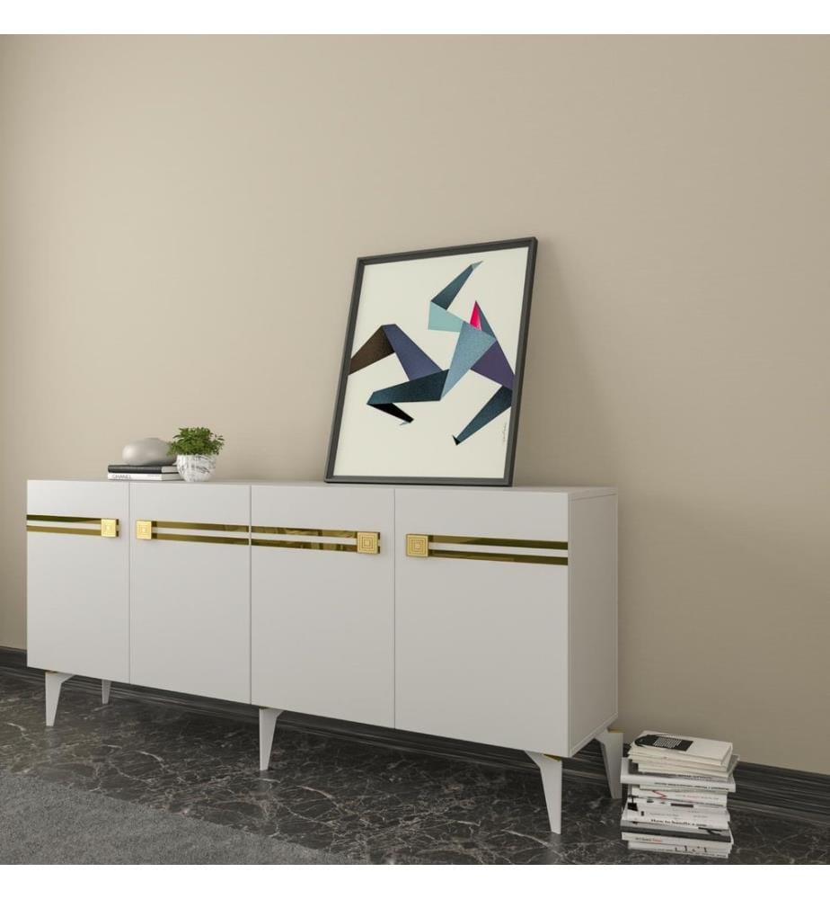 Console, blanc, or, panneau de particules 100 % mélaminé