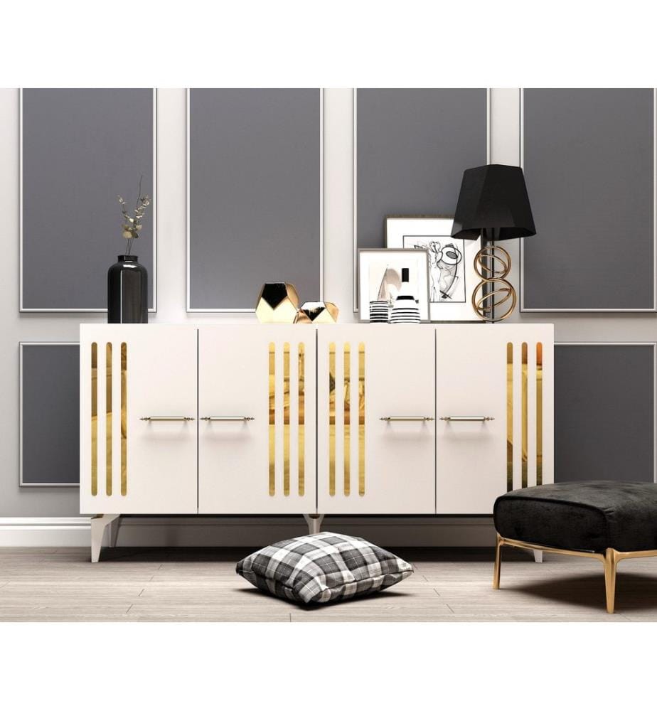 Console, blanc, doré, PANNEAU DE PARTICULES 100 % MÉLAMINÉ