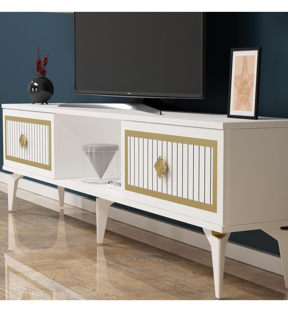 Meuble TV, Blanc, Or, Panneau de particules mélaminé