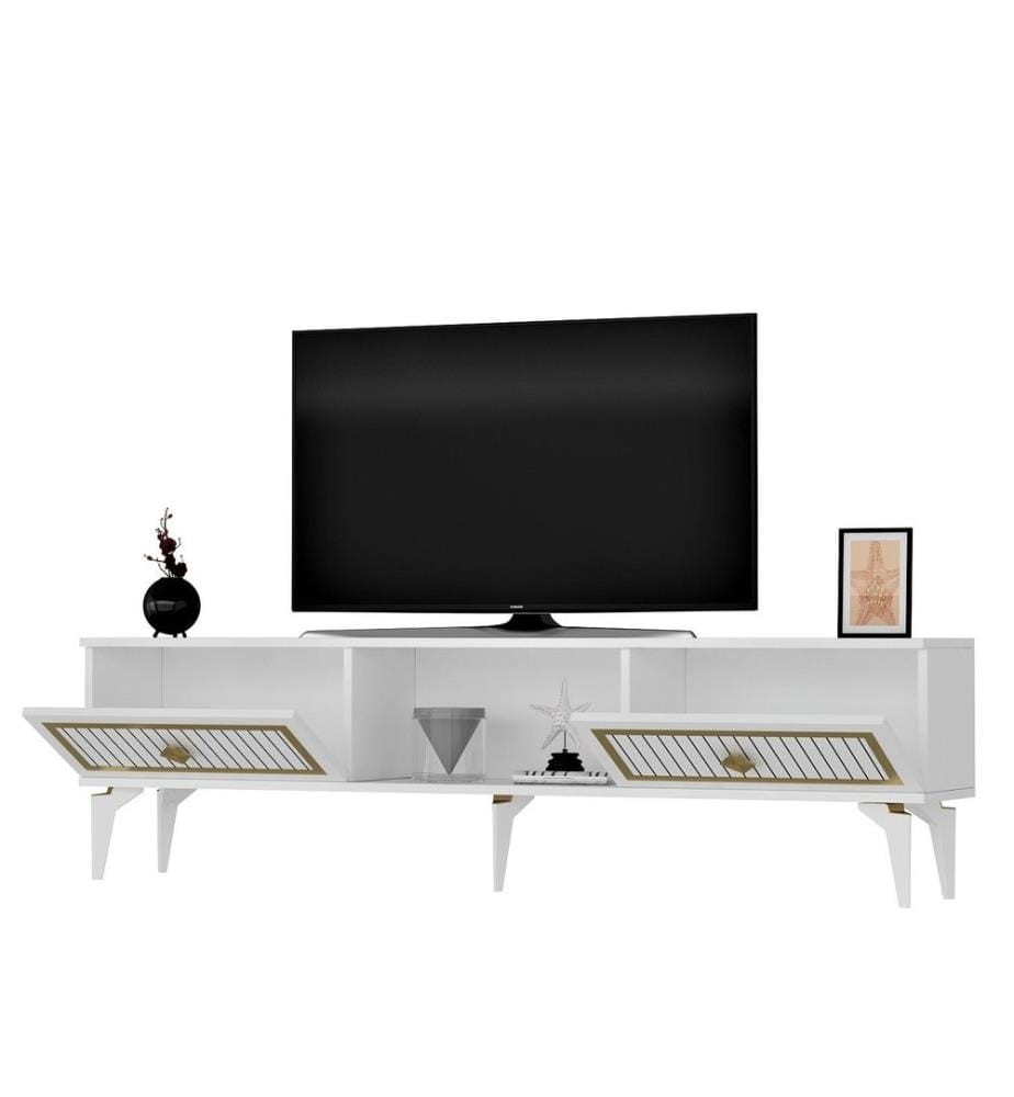 Meuble TV, Blanc, Or, Panneau de particules mélaminé