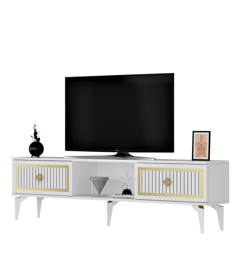 Meuble TV, Blanc, Or, Panneau de particules mélaminé