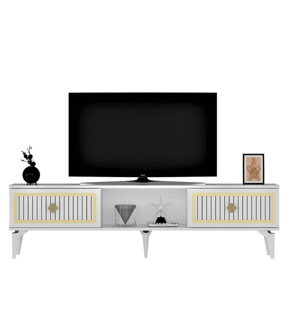 Meuble TV, Blanc, Or, Panneau de particules mélaminé