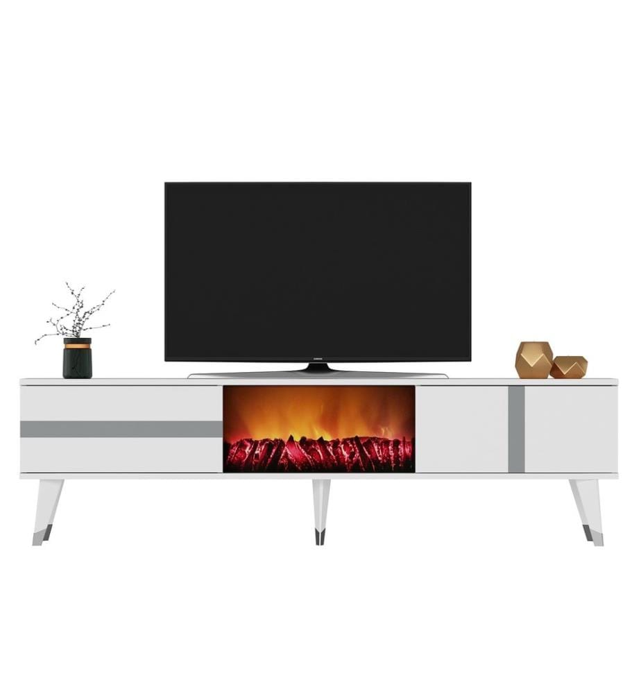 Meuble TV, blanc, argent, panneau de particules mélaminé