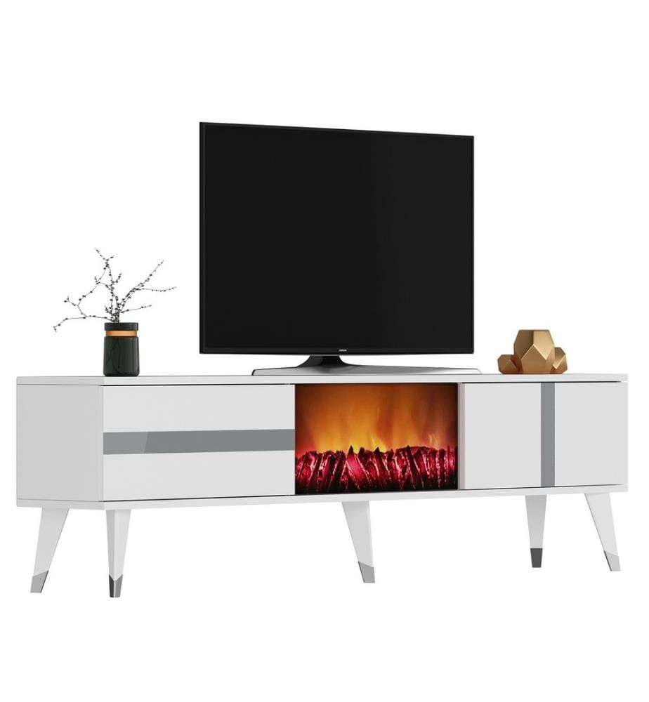 Meuble TV, blanc, argent, panneau de particules mélaminé
