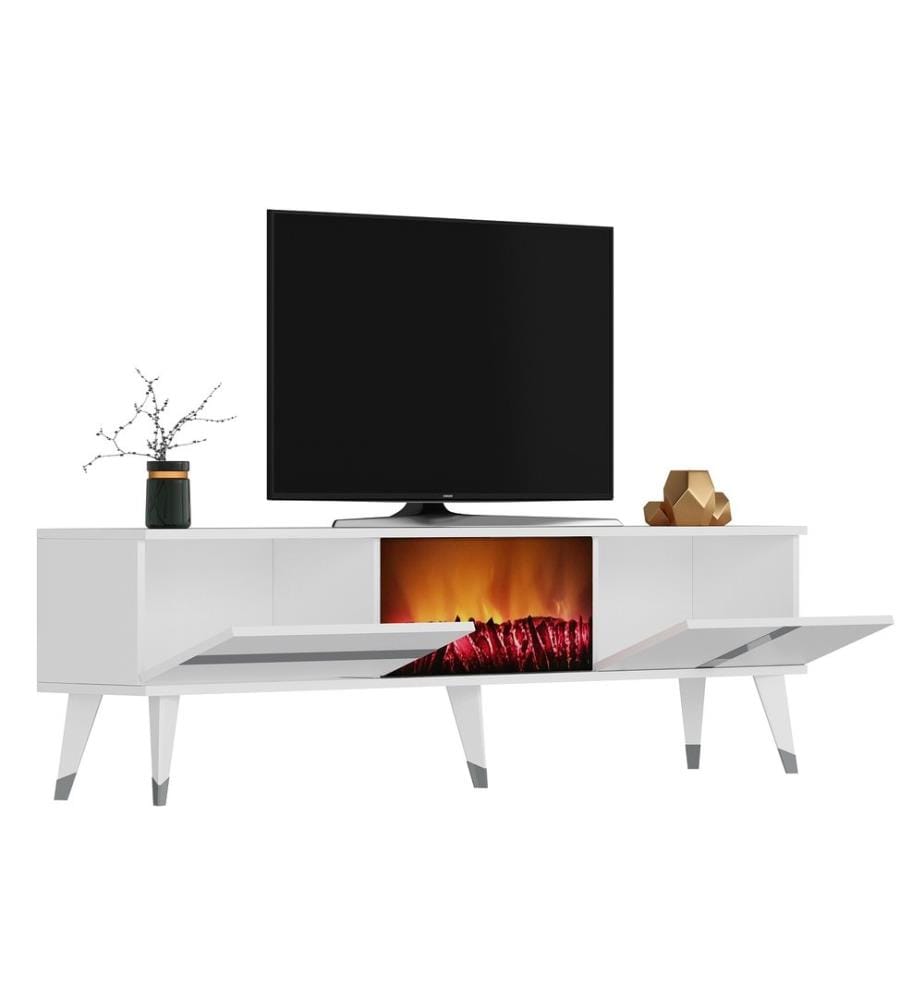 Meuble TV, blanc, argent, panneau de particules mélaminé