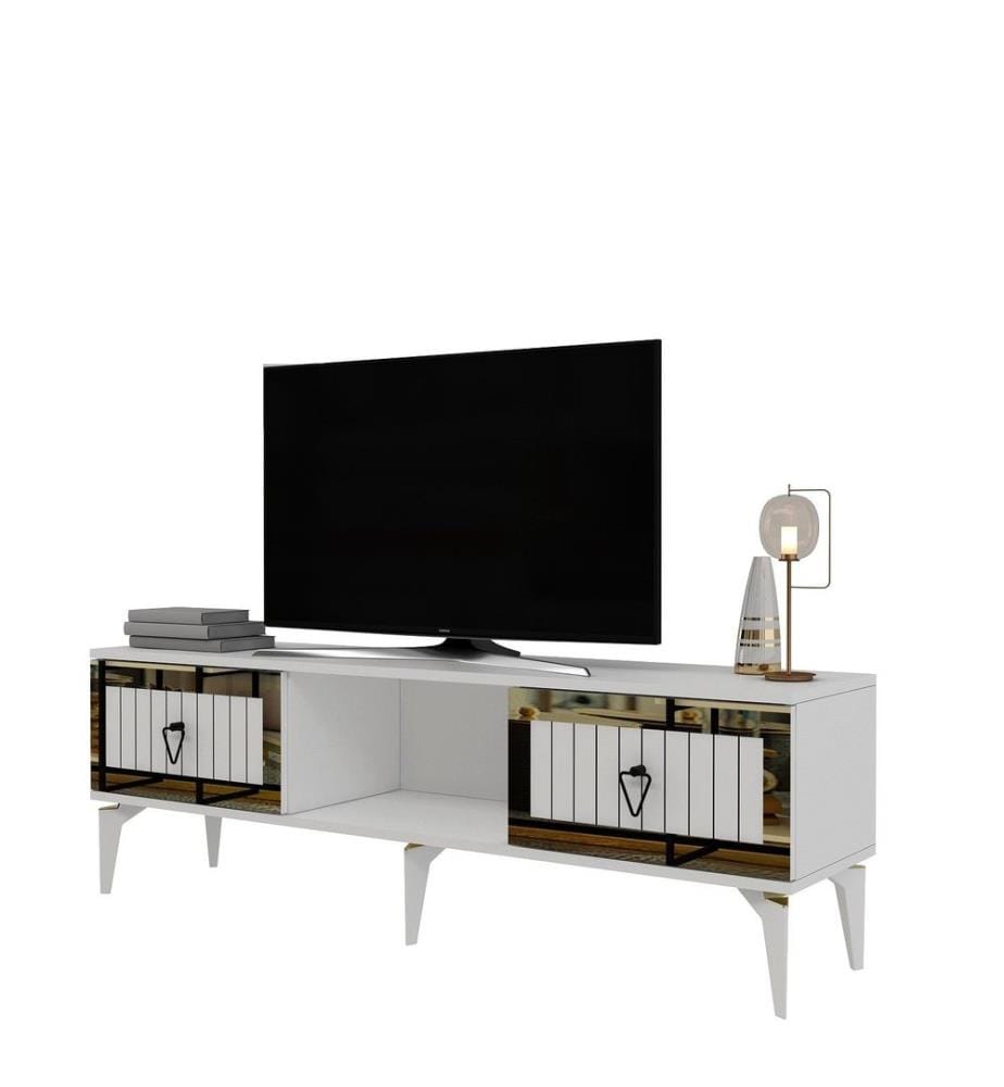 Meuble TV, blanc, doré, PANNEAU DE PARTICULES 100 % MÉLAMINÉ