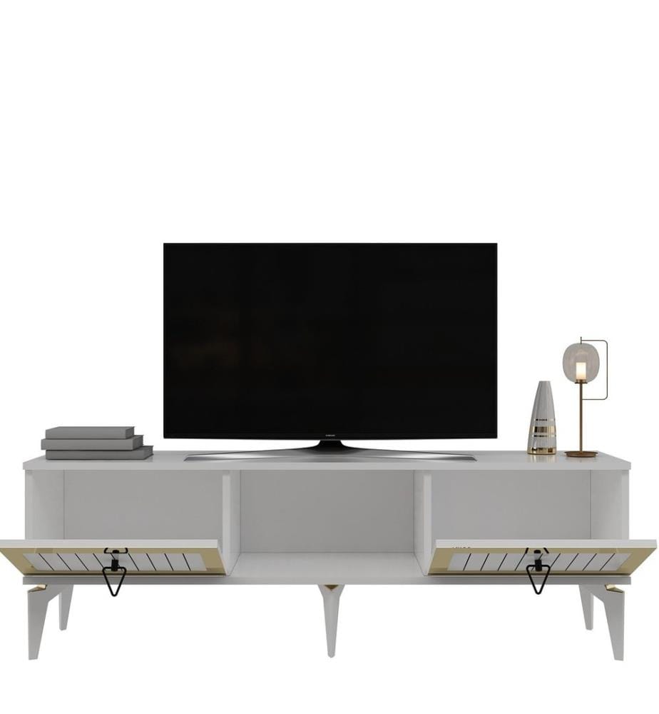Meuble TV, blanc, doré, PANNEAU DE PARTICULES 100 % MÉLAMINÉ