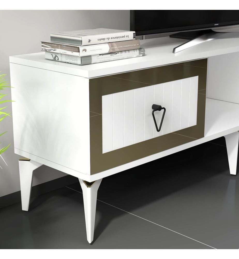 Meuble TV, blanc, doré, PANNEAU DE PARTICULES 100 % MÉLAMINÉ