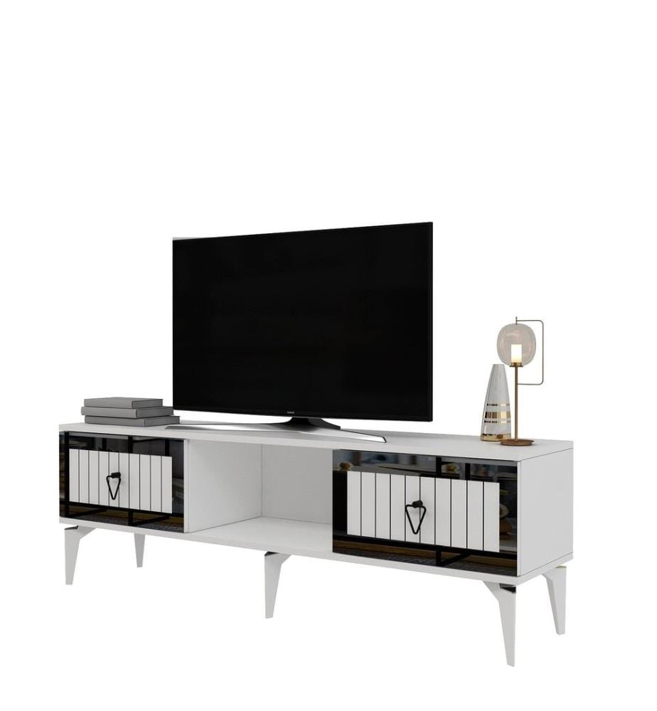 Meuble TV, blanc, argent, panneau de particules 100 % mélaminé