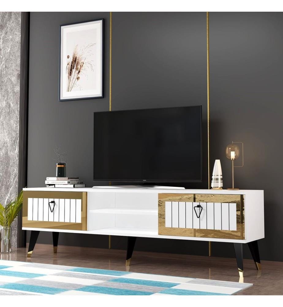 Meuble TV, blanc, doré, PANNEAU DE PARTICULES 100 % MÉLAMINÉ