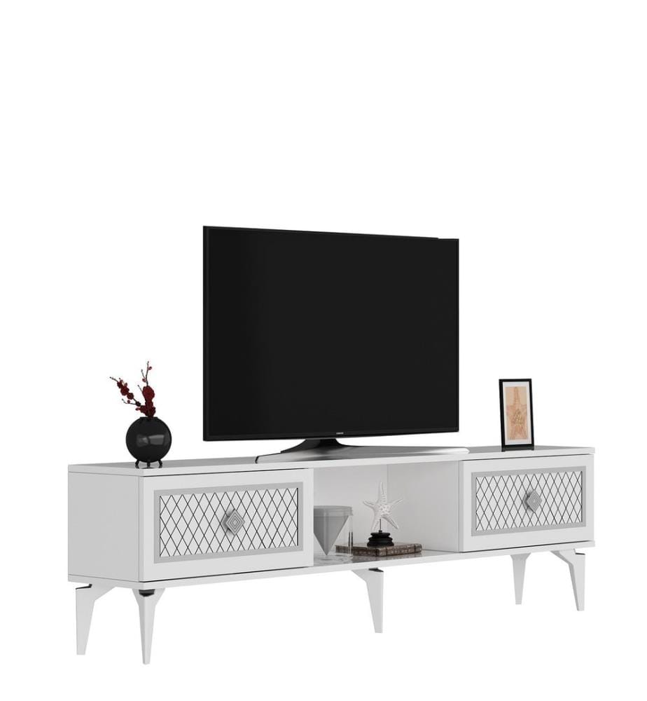 Meuble TV, blanc, argent, panneau de particules 100 % mélaminé