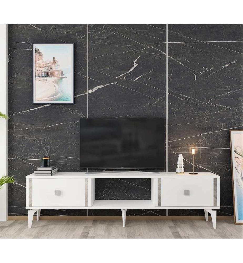 Meuble TV, blanc, argent, panneau de particules 100 % mélaminé