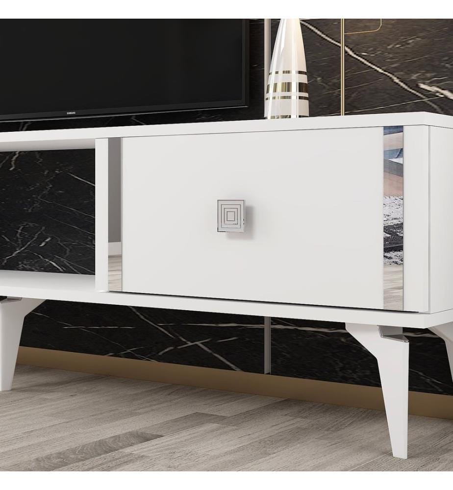 Meuble TV, blanc, argent, panneau de particules 100 % mélaminé