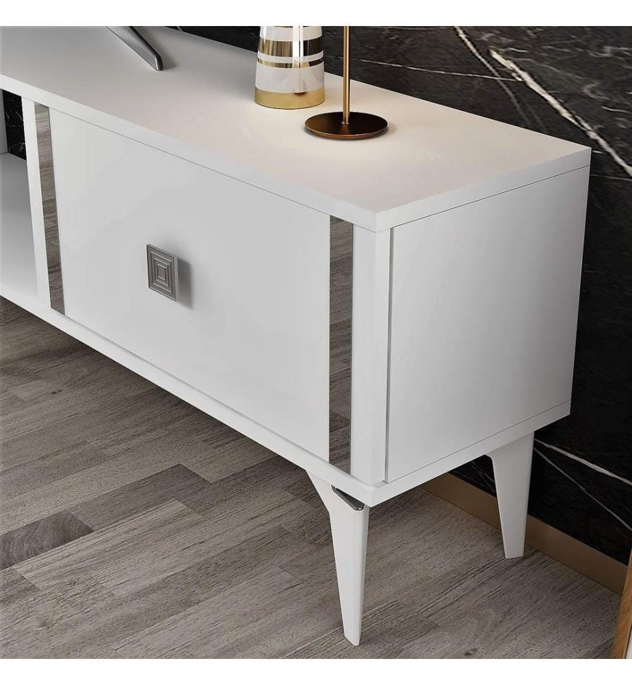 Meuble TV, blanc, argent, panneau de particules 100 % mélaminé