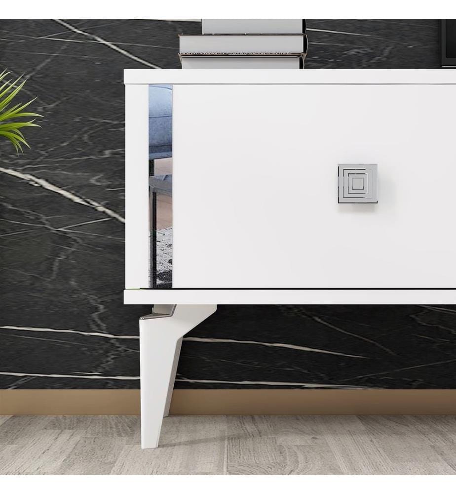 Meuble TV, blanc, argent, panneau de particules 100 % mélaminé